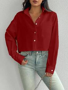 SHEIN Luminelle Áo sơ mi dáng rộng tay dài, đơn hàng khuy, vai trễ màu trơn dành cho nữ - Màu Đỏ Sâu - Xem 3