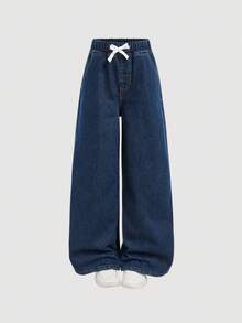 SHEIN 少女秋冬时尚复古做旧基础款简约休闲柔软保暖蓝色牛仔保暖内衬抽绳宽松阔腿牛仔裤，适合秋冬季日常穿着，返校季和圣诞节，街头风，阔腿牛仔裤，Y2K风格 - 深色水洗藍 - 查看 4