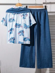 2pcs Tween Girls Casual Loose Short Sleeve Top And Pants Co-Ord Set - Blue - View 2