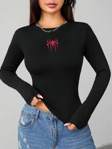 SHEIN PETITE 女士蜘蛛图案高弹针织长袖T恤 - 黑色 - 查看 1