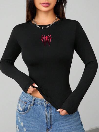 SHEIN PETITE 女士蜘蛛图案高弹针织长袖T恤