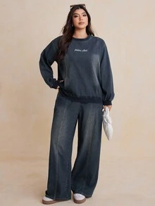 Dazy Plus 2pcs Plus Size Women Embroidered Letter Washed Dark Blue Denim Loose Long Sleeve Top And Pants Set, Spring/Autumn - Dark Wash - View 5