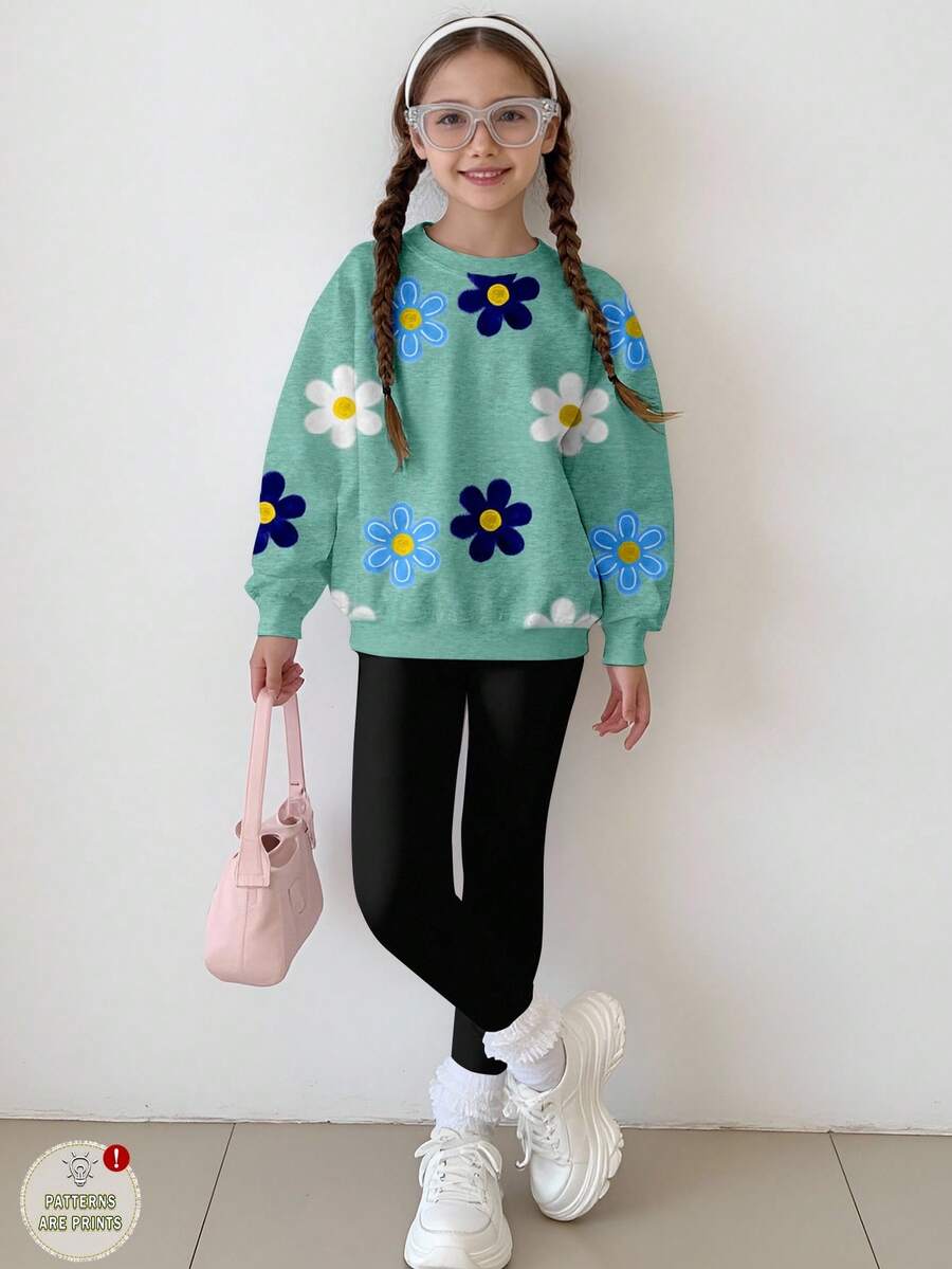 SHEIN Set 2 buc. pentru fete preadolescente, casual, clasic, cu imprimeu floral, guler rotund, confortabil, cu mânecă lungă, hanorac și colanți, potrivit pentru toamnă/iarnă