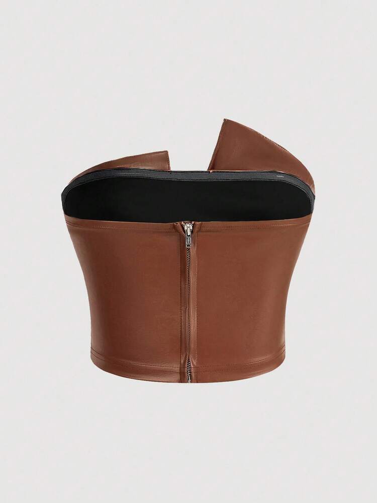 Tops de Ombro Bodycon Assimétricos de Couro Sintético (PU) Elegantes para Mulheres, Adequados para o Cotidiano, Transporte, Encontros e Halloween, Natal - Castanho - Visão 2