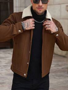 Manfinity Homme Men's Contrast Color Lapel Long Sleeve Single-Breasted Casual Jacket, Autumn/Winter - Brown - View 6