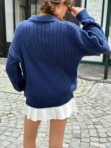 Jouncy Women's Casual Loose Fit Pentagram Pattern Polo Collar Long Sleeve Sweater, Autumn - Royal Blue - View 3
