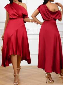 SHEIN Lady Váy mùa xuân, mùa hè, mùa thu và mùa đông cỡ lớn dệt satin màu đỏ chéo vai eo viền bất đối xứng màu đỏ cỡ lớn váy cho phụ nữ váy dự tiệc cưới thanh lịch cho phụ nữ quần áo mùa thu cho phụ nữ thường ngày halloween - Đỏ - Xem 2