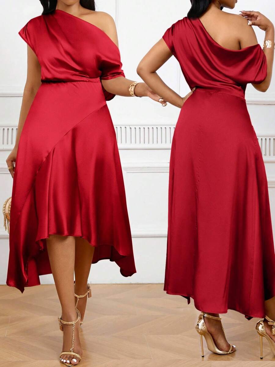 SHEIN Lady Váy mùa xuân, mùa hè, mùa thu và mùa đông cỡ lớn dệt satin màu đỏ chéo vai eo viền bất đối xứng màu đỏ cỡ lớn váy cho phụ nữ váy dự tiệc cưới thanh lịch cho phụ nữ quần áo mùa thu cho phụ nữ thường ngày halloween