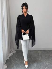 SHEIN CURVE+ 大码女式纯色雪纺透明大码袖子收腰衬衫 - 黑色 - 查看 7