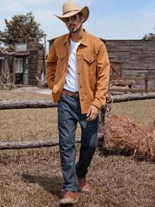 Manfinity Nomadique Men's Western Style Casual Vintage Solid Color Jacket Suede Jacket Men Western Wear Men Men Western Jacket Cowboy Jacket Men Western Jacket Men Fleece - Brown - View 3