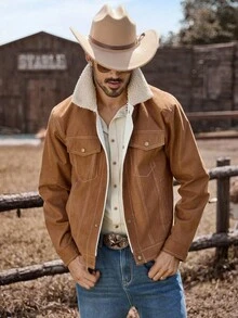 Manfinity Nomadique 男士长袖时尚休闲复古灯芯绒抓绒外套，秋冬款 - 棕色 - 查看 1