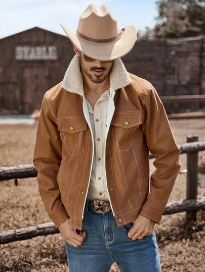 Manfinity Nomadique Herrlångärmad trendig, avslappnad retro fleecemanchesterjacka, höst/vinter