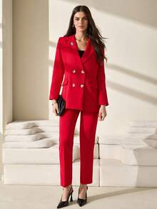 CLARA VERO Women Solid Color Suit Sets Blazer Jacket And Pants Rhinestone And Button Front Detailed - Red - View 1