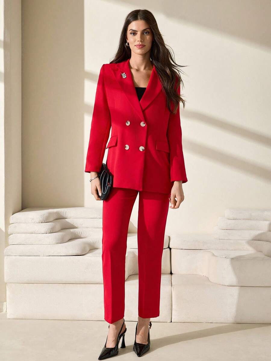 CLARA VERO Women Solid Color Suit Sets Blazer Jacket And Pants Rhinestone And Button Front Detailed - Red - View 1