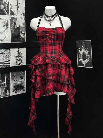 EgrlEra 夏季时尚格子荷叶边露背吊带连衣裙