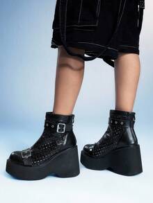 Sugerpunk 女士舒适透气踝靴，适合休闲派对，哥特式金属扣双带后拉链设计，黑色朋克风厚底粗跟踝靴，夏季必备 - 黑色 - 查看 12