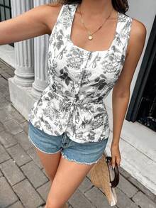 Pariaura 优雅法式编织方领无袖束腰蓝色女式背心，夏季新品 - 黑色 - 查看 6