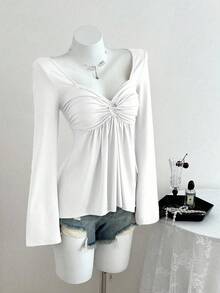 Elamini Damska koszulka z długim rękawem i swobodnym dekoltem w serek z przodu, uniwersalny nowy styl, wiosna/jesień - Biały - Zobacz 3