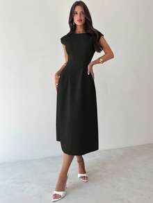 Firerie 女士简约优雅日常休闲通勤度假办公室装 亚麻色竹纹圆领无袖收腰褶皱 A 字中长连衣裙，夏季连衣裙，商务休闲女装，秋季女装，女士办公室装，办公室装，机场装，旅行装，机场装，外出装 - 黑色 - 查看 3