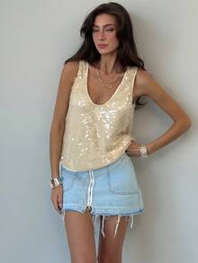 Aloruh Blusa holgada sin mangas con decoración de lentejuelas brillantes, para verano - Verde - Ver 5