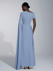 Elitara 优雅不对称袖荷叶边下摆长袖连衣裙，适合婚礼、正式活动、约会、伴娘