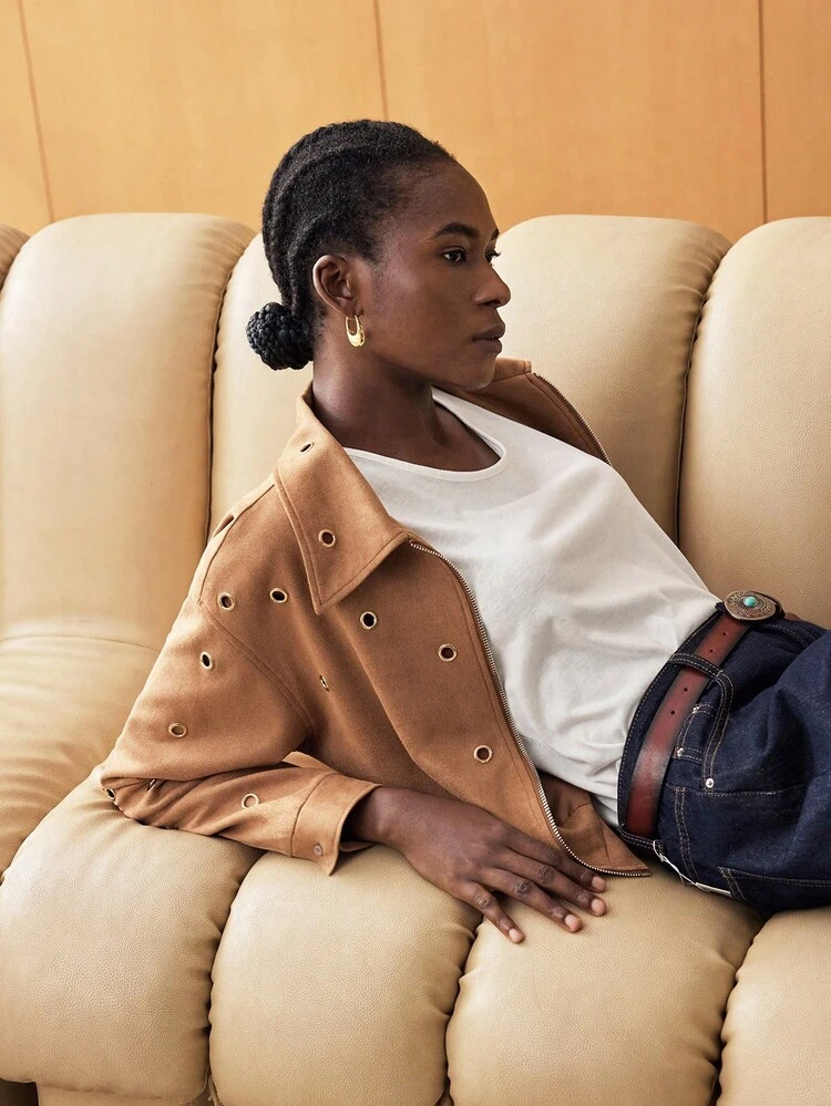 SHEIN Maija 2pcs Jacket With Grommet Eyelet Design For Women, Fall, Autumn, Halloween, Going Out,National Day,Metallic Design, Casual Bohemian, Autumn And Winter Zip-Up Jacket, Suitable For Going Out,Turn-Down Collar Long Sleeve Jacket, Practical And Versatile