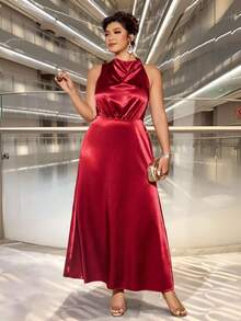 Cravure Rochie maxi din satin solid, fără mâneci, cu decolteu în V, pentru femei, mărime mare, potrivită pentru festivaluri, gale, întâlniri, ocazii formale - Burgundia - Vizualizare 7