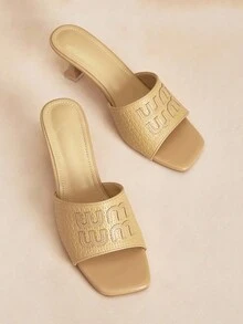 Rosivie Women's Square Toe Woven Stiletto Heels Mid Heel Gold High Heel Sandals - Apricot - View 1