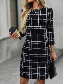 EMERY ROSE Women's Fashionable Elegant Plaid Print 3/4 Sleeve Short Dress - Black - View 3