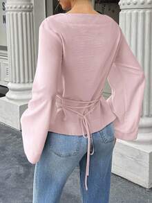 EMERY ROSE 女式纯色船领喇叭袖褶皱时尚衬衫 - 粉色 - 查看 2