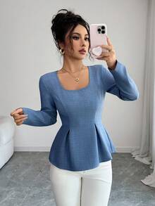 Elenzga Women's Square Neck Denim Effect A-Line T-Shirt - Blue - View 5