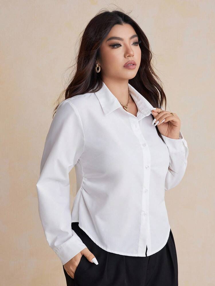 Dazy Plus Plus Size Women's Basic Solid Color Collared Fitted Long Sleeve White Casual Shirt Fall