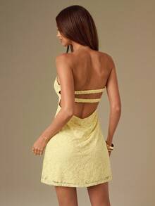 SHEIN BAE Women's Simple Solid Color Lace Camisole Dress, Party Cocktail Dress, Formal Occasion Party Dress, Wedding Bridesmaid Dress For Women, Birthday Dress,Autumn Women's Clothing,Yellow Lace Tube Top Dress,Autumn Dress,Open Back Details,Sexy Tube Top Yellow Lace Dress