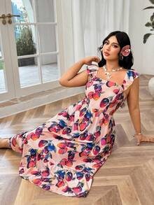 Soleia Plus Size Women Flowy Fruit Print Maxi Dress With Flutter Sleeves, Vacation - Multicolor - View 5