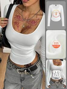 Coolane 女士冬季街头风休闲基础款简约褶皱白色圆领修身长袖保暖内衬T恤，秋季 - 白色 - 查看 2