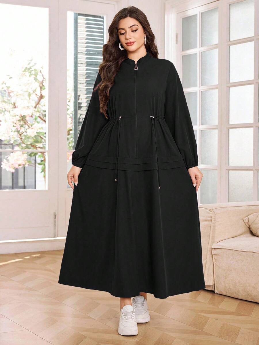 Al Najma 大码女式长袖可调节腰部休闲日常连衣裙 - 黑色 - 查看 1