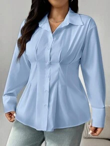 SHEIN EZwear 浅蓝色加大码女式长袖单排扣褶皱设计休闲办公衬衫 - 淺藍色 - 查看 4