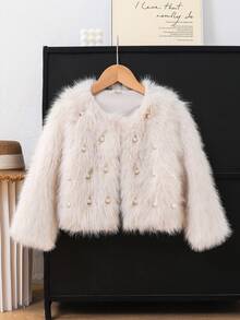 Young Girls Fluffy Cardigan Jacket With Pearl Decor, Suitable For Casual, Fashionable And Elegant Daily Wear Fall Winter Fur Jacket Kids