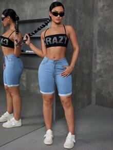 SHEIN ICON Shorts vaqueros elásticos ajustados de talla grande color azul claro para uso casual y de vacaciones