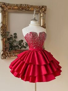 Lovelzi 优雅、浪漫、性感的黑色缎面面料，深 V 领，收腰，紧身胸衣，大量水钻装饰，有骨紧身胸衣，后背系带，A 字裙，褶皱设计，适合毕业典礼、学校开学典礼、音乐节、生日派对、婚礼、舞会礼服 - 酒紅色 - 查看 4