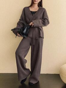 Dazy-Less 2pcs/Set Elegant Bowknot Knit Sweater Set For Women, Autumn/Winter Business Casual Woman - Coffee Brown - View 6