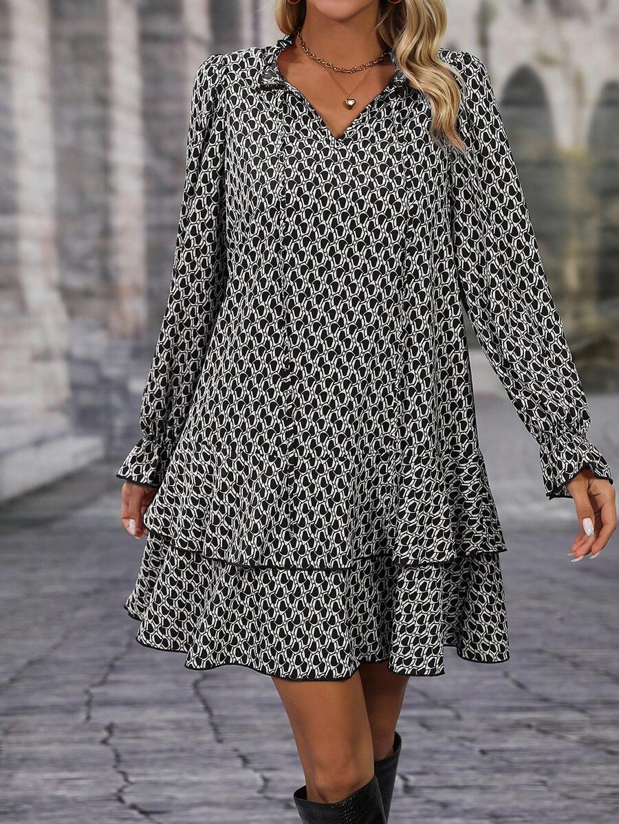 EMERY ROSE Women's All-Over Print Minimalist Long Sleeve Casual Dress