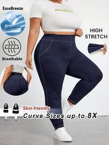 SHEIN CURVE+ Quần legging bó thun co giãn thường ngày cỡ lớn cho nữ có đường khâu lộ rõ, thoáng khí, thấm hút mồ hôi, mùa hè, Curve Plus, Hoho Vacation - Màu xanh hải quân - Xem 3