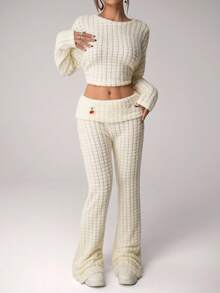 SHEIN ICON Bộ 2 áo thun vải thô họa tiết và quần ống loe cho nữ - trắng - Xem 3