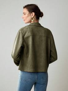 Uhlyne 女士复古经典复古硬币设计优雅休闲西装外套，配有仿口袋和纽扣，简约通勤夹克 - 軍綠色 - 查看 2