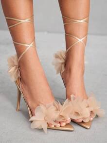 CUCCOO SZL 女士尖头3D花卉装饰优雅高跟凉鞋 - 金色 - 查看 5