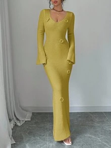 Elenzga 女士优雅纯色喇叭袖钩针 3D 花朵深 V 领超长针织毛衣裙，适合婚礼、情人节派对、度假、居家和户外、秋冬 - 鵝黃色 - 查看 6