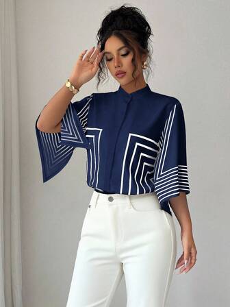 Elenzga Stand Collar Digital Printed Geometric Lines Pattern, Asymmetrical Sleeve French Elegant Blouse, Suitable For Spring/Summer Vacation