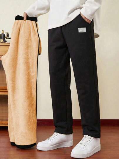 SHEIN 青少年男童黑色加绒直筒裤，休闲舒适，百搭，面料柔软，适合日常穿着、上学、郊游、户外活动，秋冬季保暖运动裤，保暖内衬运动裤，青少年男童运动裤，黑色运动裤，秋冬季