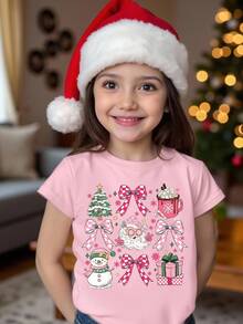 1pc Merry Christmas Girls Casual Cute Bow, Christmas Tree, Santa Claus Gift Print Round Neck Short Sleeve T-Shirt, Christmas Party Top